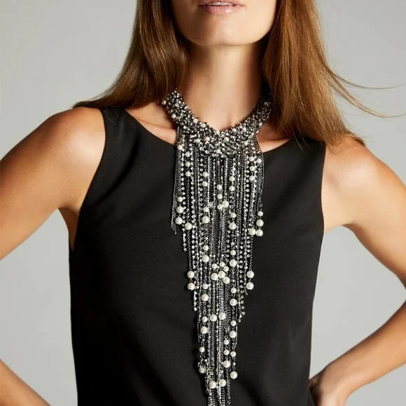 WHBM Crystal & Pearl Waterfall Statement Necklace - Picture 2 of 4